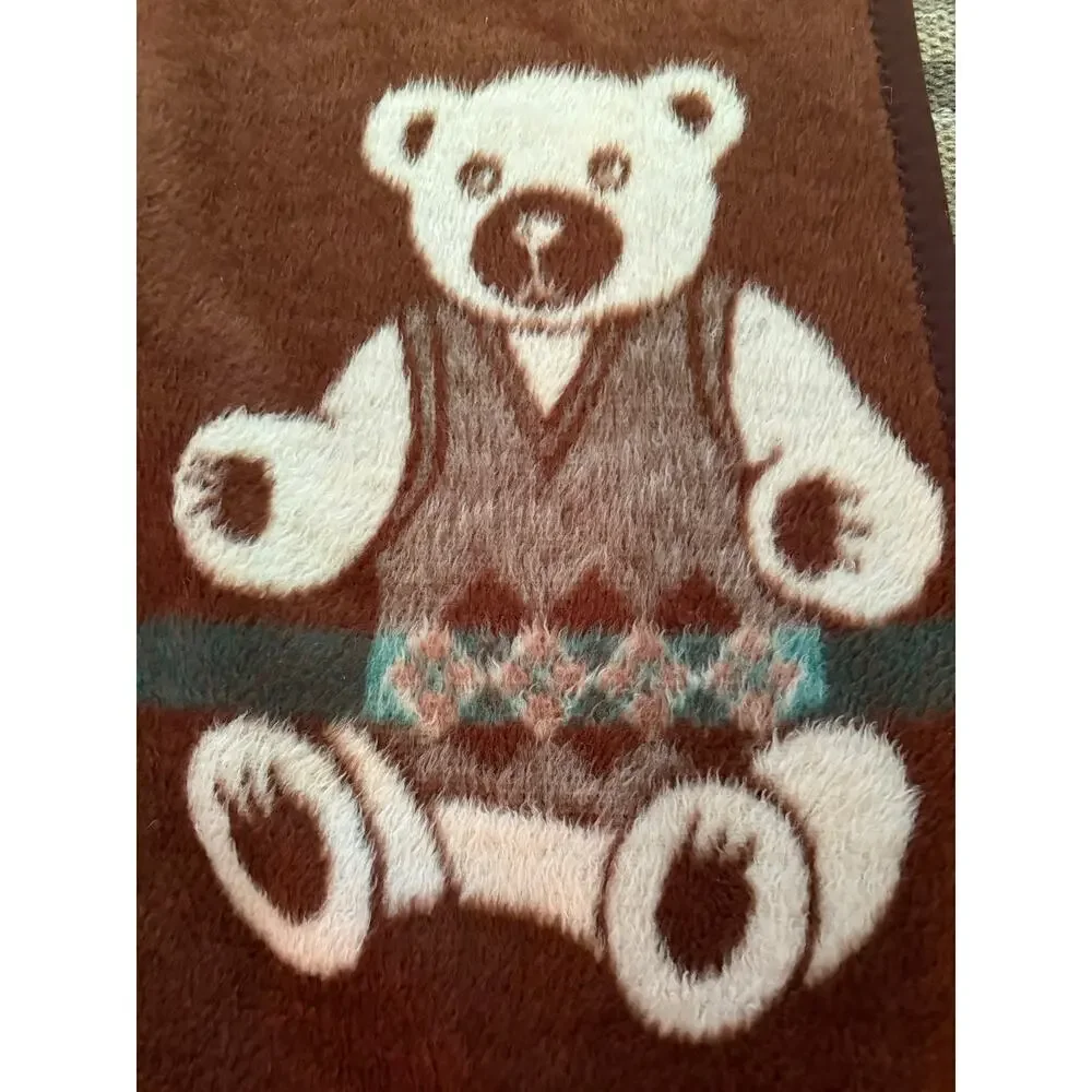 VTG VUTEKS VUKOVAR Crown Crafts Teddy Bears Argyle Acrylic Blanket 60 x 80